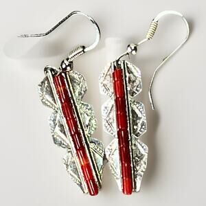 1.5” Navajo J STERLING Silver Red Coral Inlay Dangle Feather 925 Earrings